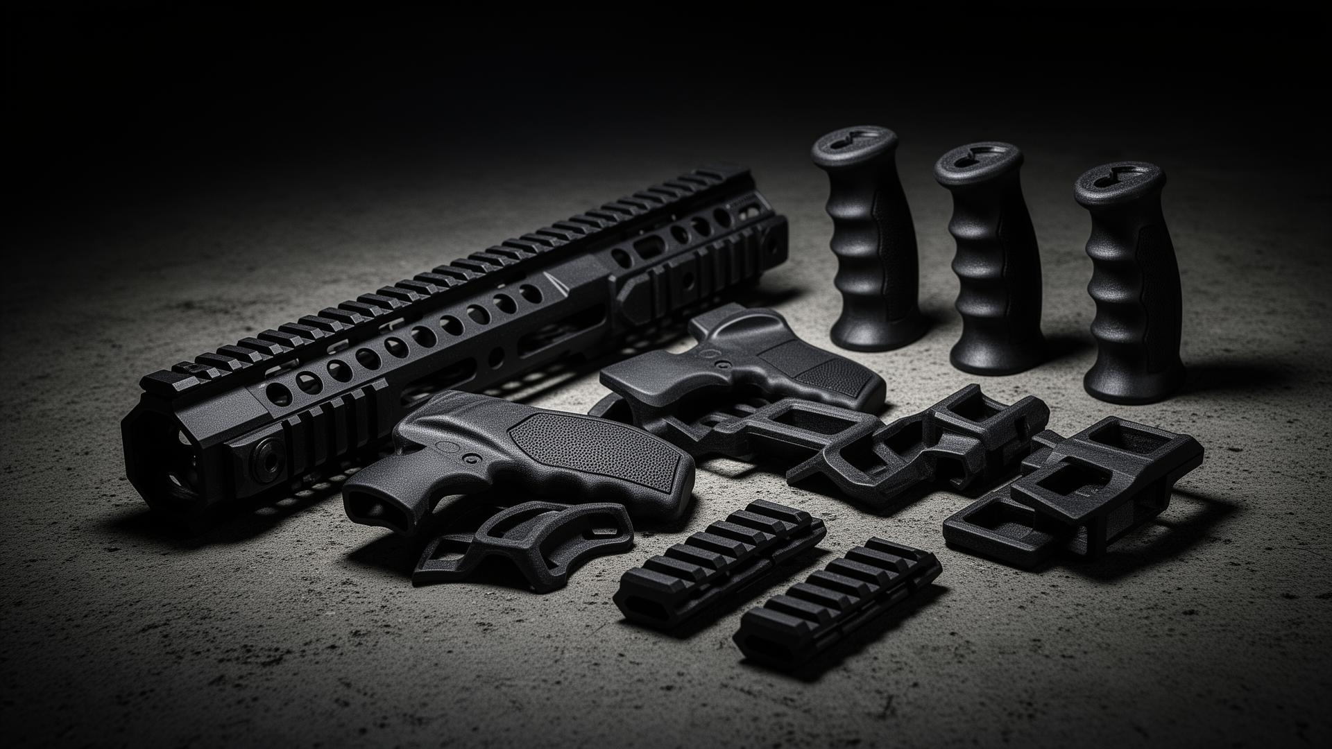 Tactical firearms accessories on dark surface